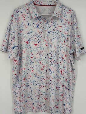 Obla Mens Large Performance Golf Polo Shirt White with Blue Red Splatter Print